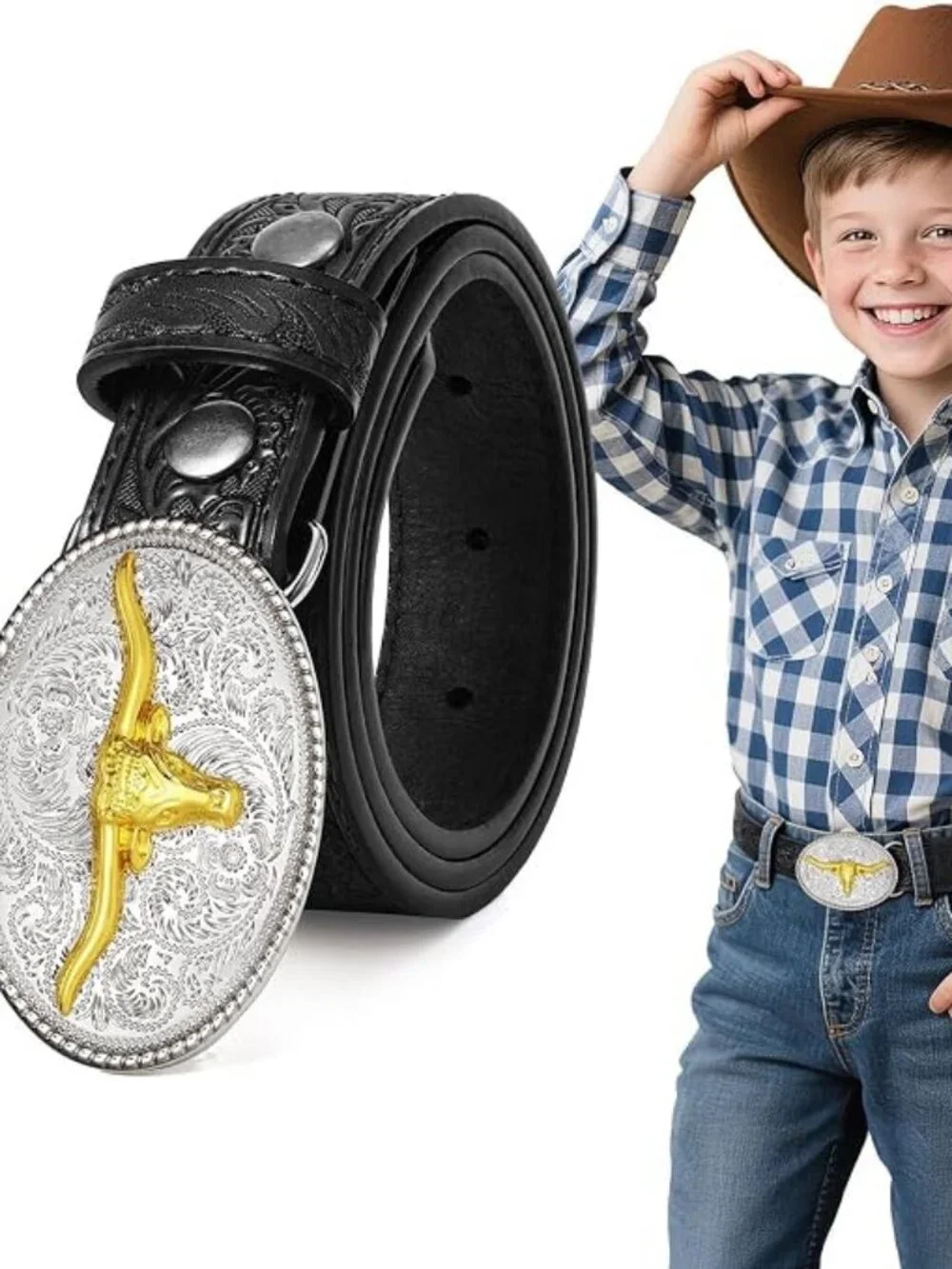 Kids Western Belt for Boys Girls,Toddler Youth Cowboy Cowgirl Genuine Leather -D